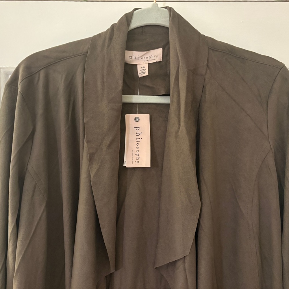 Philosophy olive faux leather Open Front duster Cardigan with drawstring size L - Picture 2 of 6
